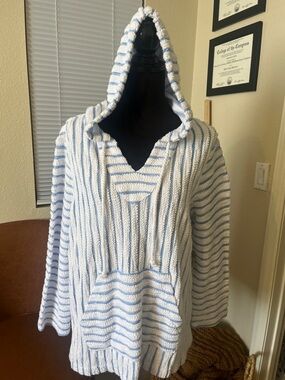 Habitat Striped Hooded V-Neck Sweater - White & Light Blue